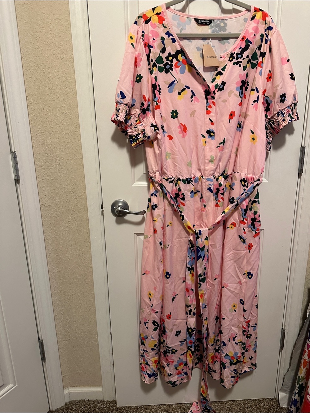 BloomChic Pink Floral V-Neck Maxi Dress with Tie Waist